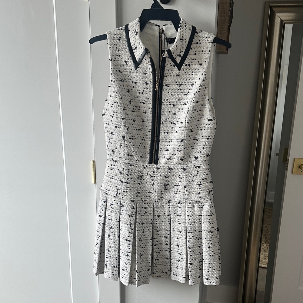 Alice and Olivia Ellis pleated Sleeveless White and Black Tweed mini Dress